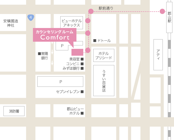 郡山駅から徒歩でお越しの場合の地図