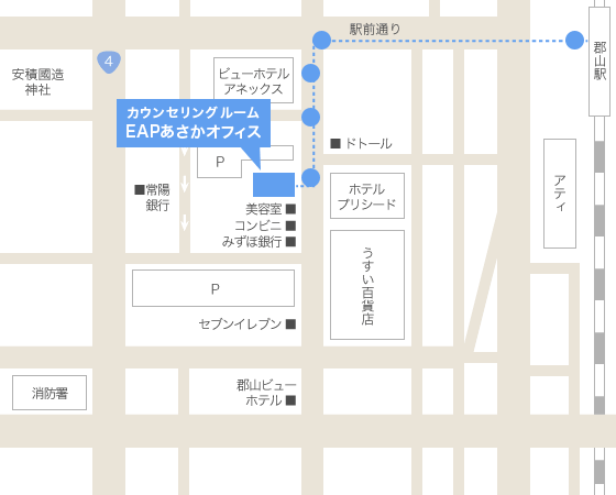 郡山駅から徒歩でお越しの場合の地図